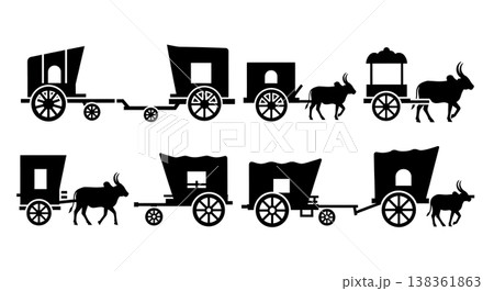 Black Solid Traditional Indian Bullock Carts and Tongas Silhouettes Set of Six on White Background 138361863