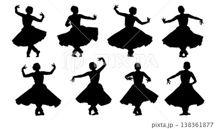 Black Solid Indian Kathak Dance Silhouettes Set of Six on White Background Black Solid Indian Kathak Dance Silhouettes Set of Six on White Background 138361877