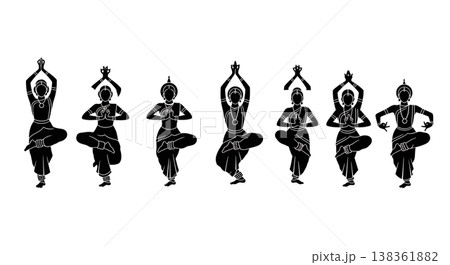 Black Solid Indian Odissi Dance Silhouettes Set of Six on White Background 138361882