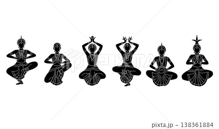 Black Solid Indian Odissi Dance Silhouettes Set of Six on White Background 138361884
