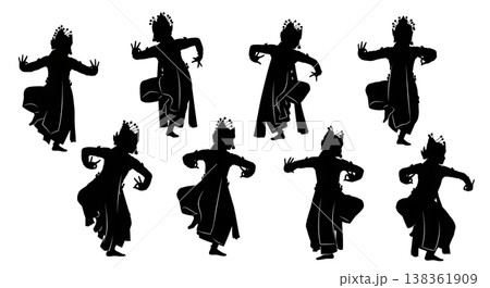 Black Solid Indonesian Legong Dance Silhouettes Set of Six on White Background Black Solid Indonesian Legong Dance Silhouettes Set of Six on White Background 138361909