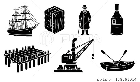 Black Solid Industrial Dockyard Silhouettes Set of Six on White Background Black Solid Industrial Dockyard Silhouettes Set of Six on White Background 138361914