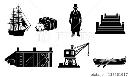 Black Solid Industrial Dockyard Silhouettes Set of Six on White Background Black Solid Industrial Dockyard Silhouettes Set of Six on White Background 138361917