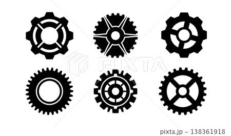 Black Solid Industrial Gear Silhouettes Set of Six on White Background 138361918