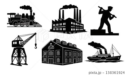Black Solid Industrial Revolution Silhouettes Set of Six on White Background Black Solid Industrial Revolution Silhouettes Set of Six on White Background 138361924