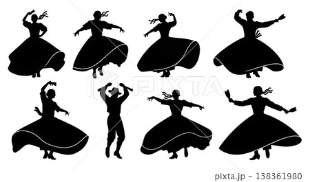 Black Solid Italian Tarantella Dance Silhouettes Set of Six on White Background 138361980