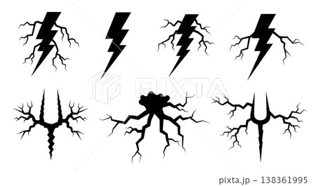 Black Solid Jagged Lightning Silhouettes Set of Six on White Background 138361995