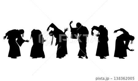 Black Solid Japanese Butoh Dance Silhouettes Set of Six on White Background 138362005