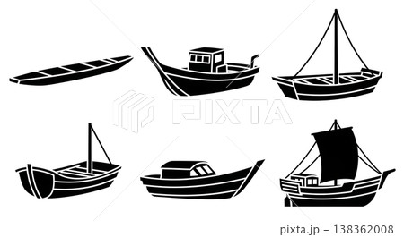 Black Solid Traditional Japanese Fishing Boats and Small Vessels Silhouettes Set of Six on White Background 138362008