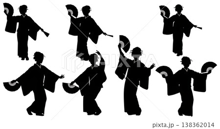Black Solid Japanese Nihon Buyo Silhouettes Set of Six on White Background 138362014