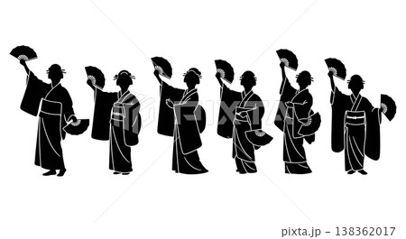 Black Solid Japanese Nihon Buyo Silhouettes Set of Six on White Background 138362017