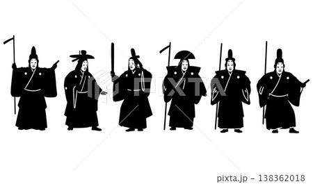 Black Solid Japanese Noh Theater Silhouettes Set of Six on White Background 138362018