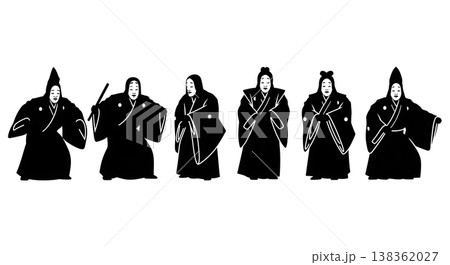 Black Solid Japanese Noh Theater Silhouettes Set of Six on White Background Black Solid Japanese Noh Theater Silhouettes Set of Six on White Background 138362027
