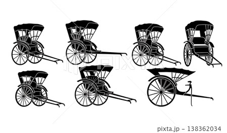 Black Solid Japanese Rickshaws Silhouettes Set of Six on White Background 138362034