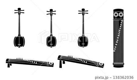 Black Solid Japanese Musical Instrument Silhouettes Set of Six on White Background 138362036