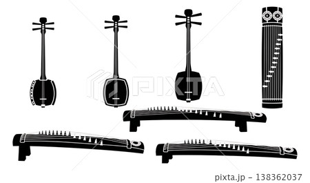 Black Solid Japanese Musical Instrument Silhouettes Set of Six on White Background Black Solid Japanese Musical Instrument Silhouettes Set of Six on White Background 138362037