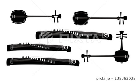 Black Solid Japanese Musical Instrument Silhouettes Set of Six on White Background 138362038