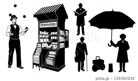 Black Solid 1920s Jazz Age City Silhouettes Set of Six on White Background 138362039