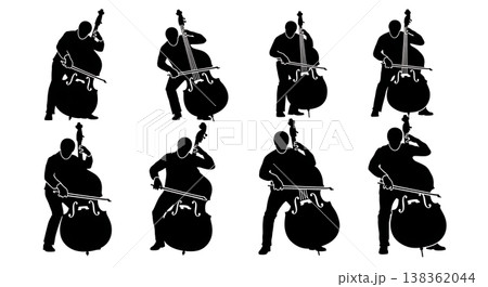 Black Solid Bowing Bassist Silhouettes Set of Six on White Background Black Solid Bowing Bassist Silhouettes Set of Six on White Background 138362044
