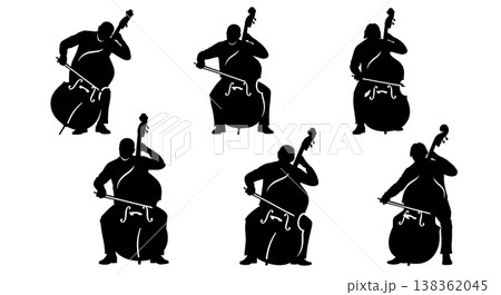 Black Solid Bowing Bassist Silhouettes Set of Six on White Background Black Solid Bowing Bassist Silhouettes Set of Six on White Background 138362045