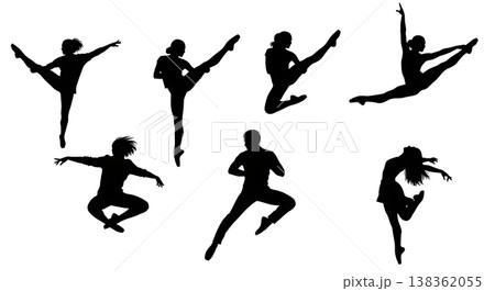 Black Solid Jazz Dancer Silhouettes Set of Six on White Background 138362055