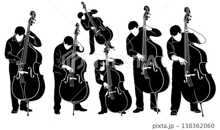 Black Solid Jazz Bassist Silhouettes Set of Six on White Background Black Solid Jazz Bassist Silhouettes Set of Six on White Background 138362060