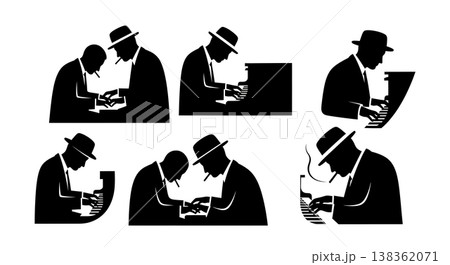 Black Solid Jazz Pianist Silhouettes Set of Six on White Background 138362071