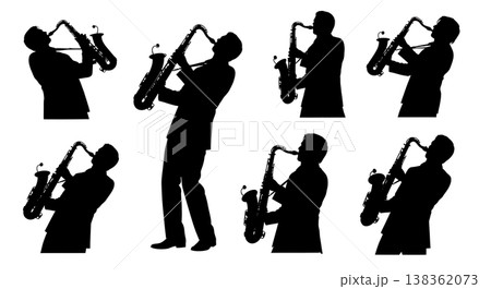 Black Solid Jazz Saxophone Silhouettes Set of Six on White Background 138362073