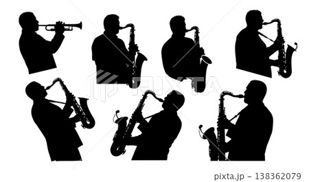 Black Solid Saxophonist Silhouettes Set of Six on White Background Black Solid Saxophonist Silhouettes Set of Six on White Background 138362079