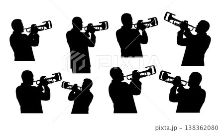 Black Solid Muted Trumpet Silhouettes Set of Six on White Background Black Solid Muted Trumpet Silhouettes Set of Six on White Background 138362080