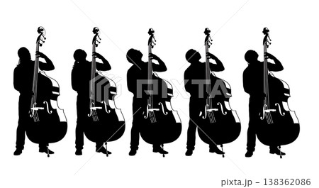 Black Solid Upright Bassist Silhouettes Set of Six on White Background Black Solid Upright Bassist Silhouettes Set of Six on White Background 138362086