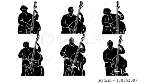 Black Solid Upright Bassist Silhouettes Set of Six on White Background 138362087