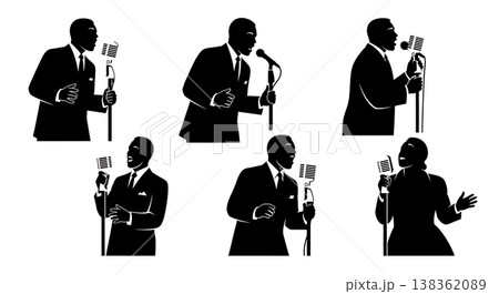 Black Solid Jazz Singer Silhouettes Set of Six on White Background 138362089