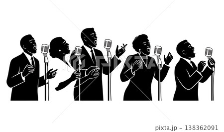 Black Solid Jazz Singer Silhouettes Set of Six on White Background 138362091