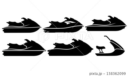 Black Solid Recreational Jet Skis and Personal Watercraft Silhouettes Set of Six on White Background Black Solid Recreational Jet Skis and Personal Watercraft Silhouettes Set of Six on White Background 138362099