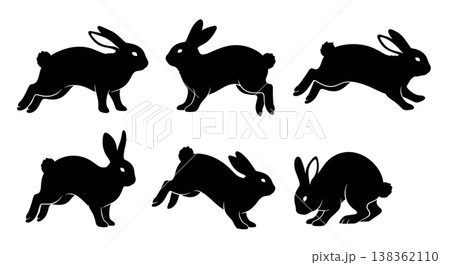 Black Solid Joyful Binky Bunny Silhouettes Set of Six on White Background Black Solid Joyful Binky Bunny Silhouettes Set of Six on White Background 138362110