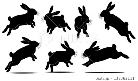 Black Solid Joyful Binky Bunny Silhouettes Set of Six on White Background Black Solid Joyful Binky Bunny Silhouettes Set of Six on White Background 138362111