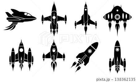 Black Solid Futuristic Spacecraft Silhouettes Set of Six on White Background 138362135