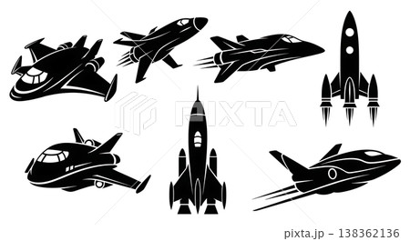 Black Solid Futuristic Spacecraft Silhouettes Set of Six on White Background Black Solid Futuristic Spacecraft Silhouettes Set of Six on White Background 138362136