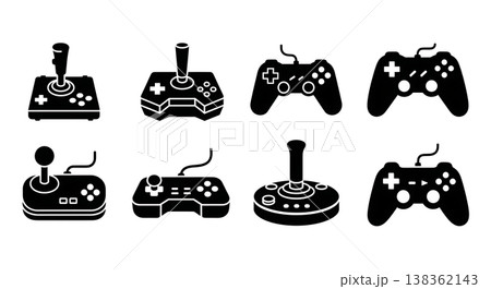 Black Solid Gaming Controller Silhouettes Set of Six on White Background Black Solid Gaming Controller Silhouettes Set of Six on White Background 138362143