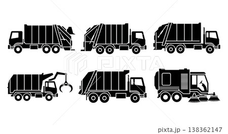 Black Solid Public Garbage Trucks and Waste Management Vehicles Silhouettes Set of Six on White Background Black Solid Public Garbage Trucks and Waste Management Vehicles Silhouettes Set of Six on White Background 138362147