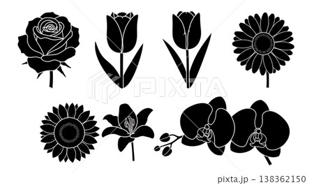 Black Solid Garden Flowers Silhouettes Set of Six on White Background Black Solid Garden Flowers Silhouettes Set of Six on White Background 138362150