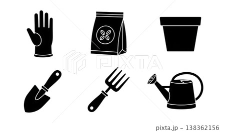 Black Solid Gardening Accessories Silhouettes Set of Six on White Background Black Solid Gardening Accessories Silhouettes Set of Six on White Background 138362156