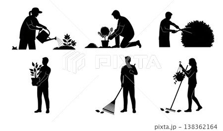 Black Solid Gardening People Silhouettes Set of Six on White Background Black Solid Gardening People Silhouettes Set of Six on White Background 138362164