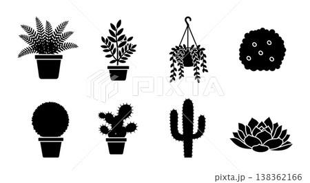 Black Solid Garden Plants for Decoration Silhouettes Set of Six on White Background 138362166
