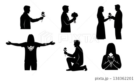 Black Solid Giving Flowers Silhouettes Set of Six on White Background Black Solid Giving Flowers Silhouettes Set of Six on White Background 138362201