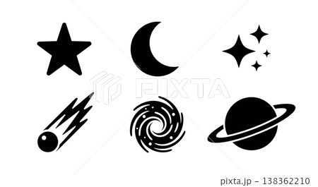 Black Solid Glowing Star Silhouettes Set of Six on White Background 138362210