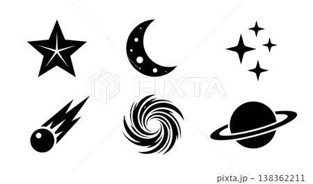 Black Solid Glowing Star Silhouettes Set of Six on White Background 138362211