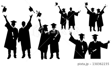 Black Solid Graduation Ceremony Silhouettes Set of Six on White Background 138362235