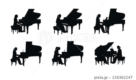 Black Solid Piano Duet Silhouettes Set of Six on White Background 138362247